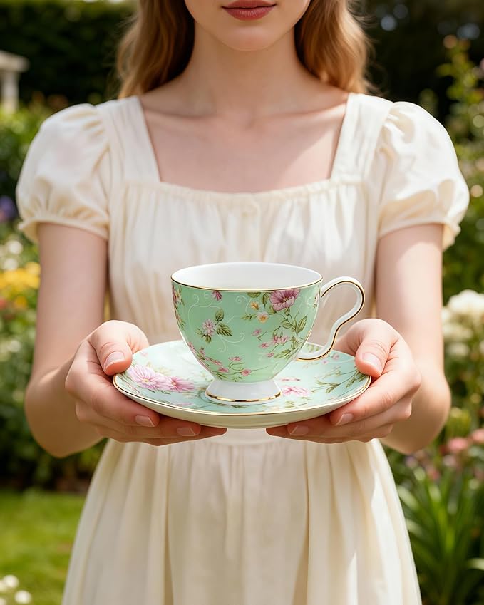 Exquisite Bone China Tea Cups and Saucer Set – Elegant Porcelain Tea Cups, Beautifully Detailed for Tea Lovers, Gift-Ready for Christmas, Hostess, Holiday Gift & Fall Decor