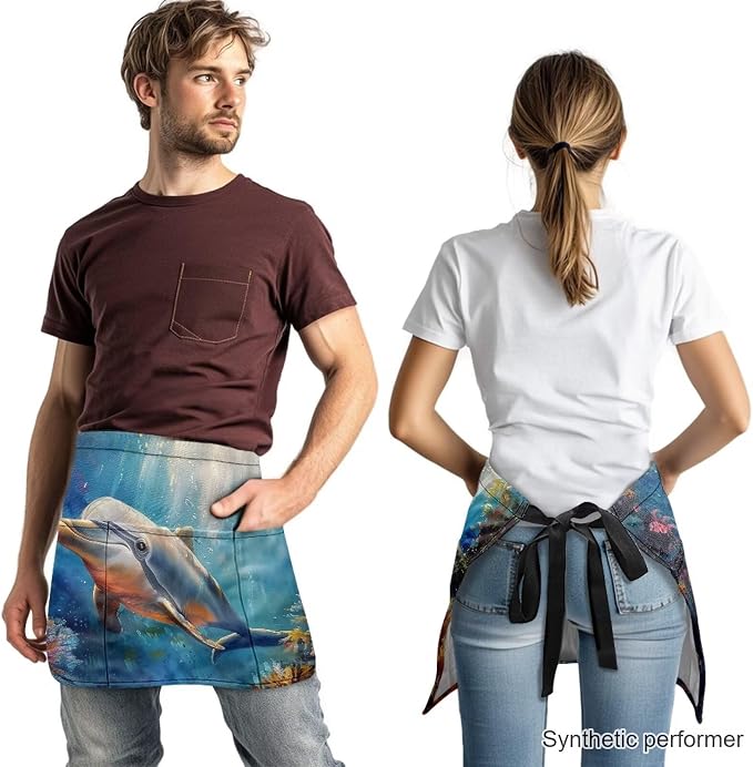 Waist Apron with 3 Pockets Waterproof 13 Inch Short Half Waist Aprons Women Men Server Aprons Waitress Waiter Apron - Image 2