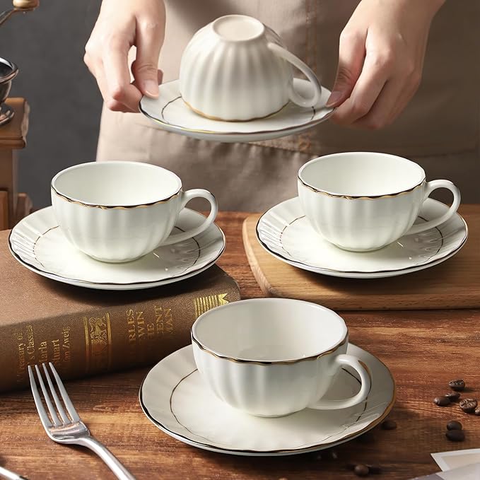 IQCWOOD Tea Cup and Saucers Set of 4(6.09oz), Bone China Tea Cups with Gold Trim, White Teacup for Tea, Milk, Latte, Mocha, Espresso, Dishwasher Safe, for Party Cafe Home