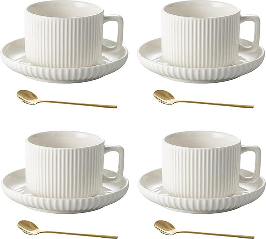 8 Ounce Cappuccino Cups Set of 4, Latte Mugs with Saucers and Spoons, White Cream Ceramic Coffee Mugs Tea Cups for Cappuccino Latte Mocha Au Lait Macchiato Cafe