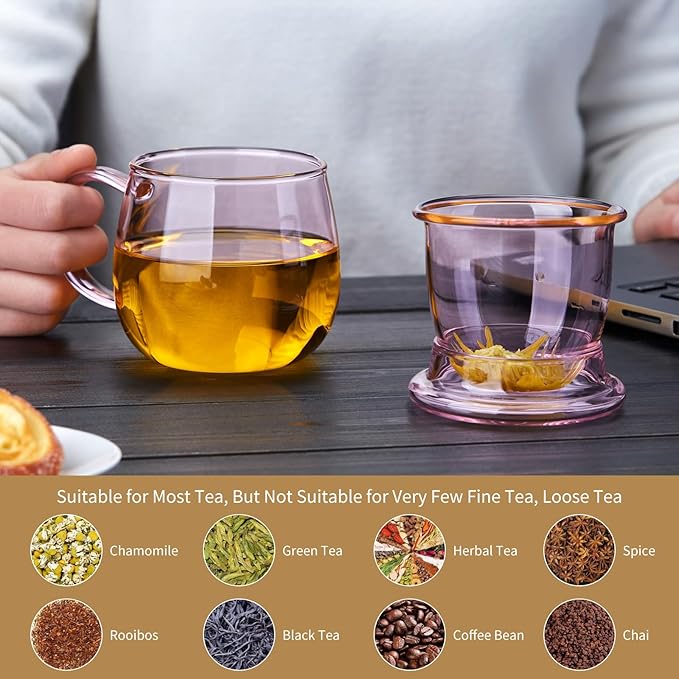 11oz Pink Glass Tea Cup with Infuser and Lid– Versatile and Elegant Gift for Women, Perfect for Loose Leaf Tea and Other Beverages.