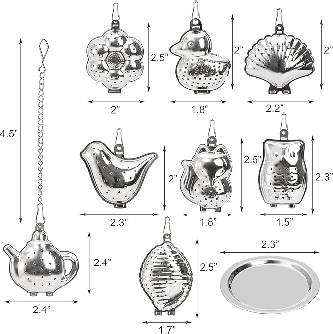 Elsjoy Set of 8 Loose Leaf Tea Infusers with Chain and 8 Drip Trays, 18/8 Stainless Steel Tea Balls Cute Tea Steepers, Mini Tea Strainer Tea Filter Set for Mugs, Tea Cups, Teapots, 16 Pcs