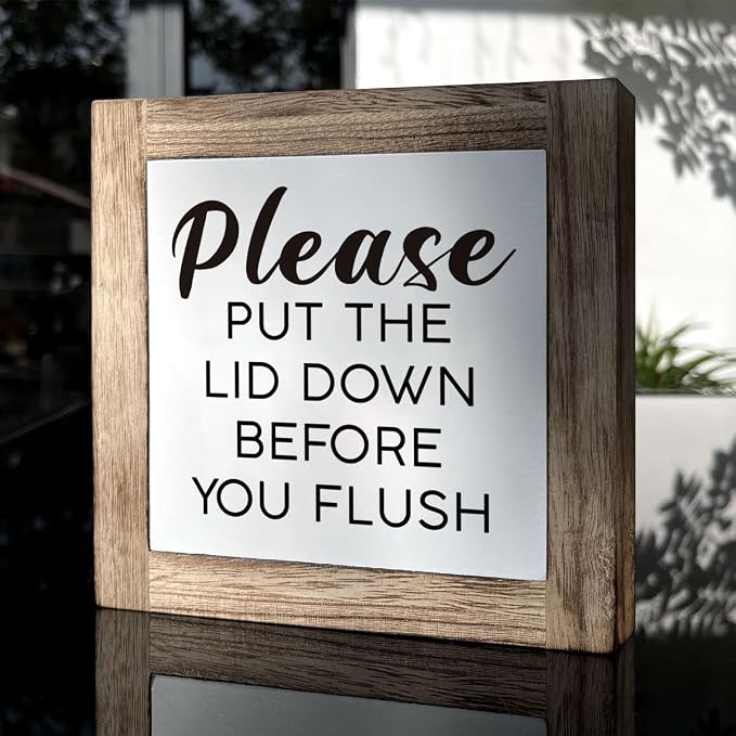 Rustic Pine Wooden Box Sign, 5.9x5.9x0.7in, Home Decor, Words & Quotes, Tabletop Mount, Please Put The Lid Down Before You Flush - Image 3