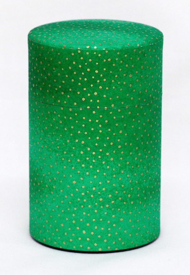 Washi Paper Tea Tin Canister: Long 3.5oz (100g) Dotted Green (#6), Japan