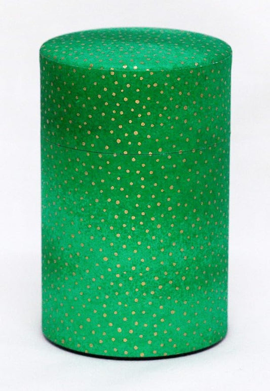 Washi Paper Tea Tin Canister: Long 3.5oz (100g) Dotted Green (#6), Japan