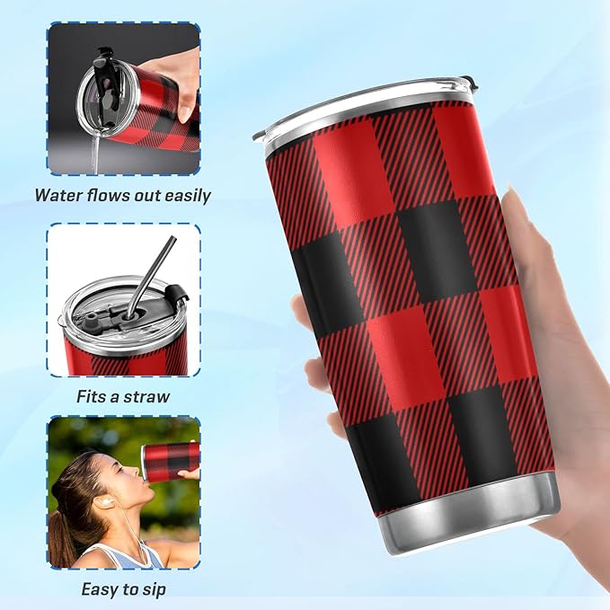 Christmas Tumbler Retro Buffalo Plaid Insulated Coffee Cup Back to School Beverage Container Office Travel Mug with Straw and Lid 20oz Holiday New Year Gift