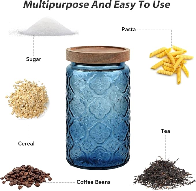 Glass Jar with Lid, Vintage Glass Storage Jars with Airtight Lid Coffee Canister Sugar Container for Kitchen Counter Pantry, Spice, Candy, Coffee Beans, Tea, Oats (34FL OZ Begonia Blue)