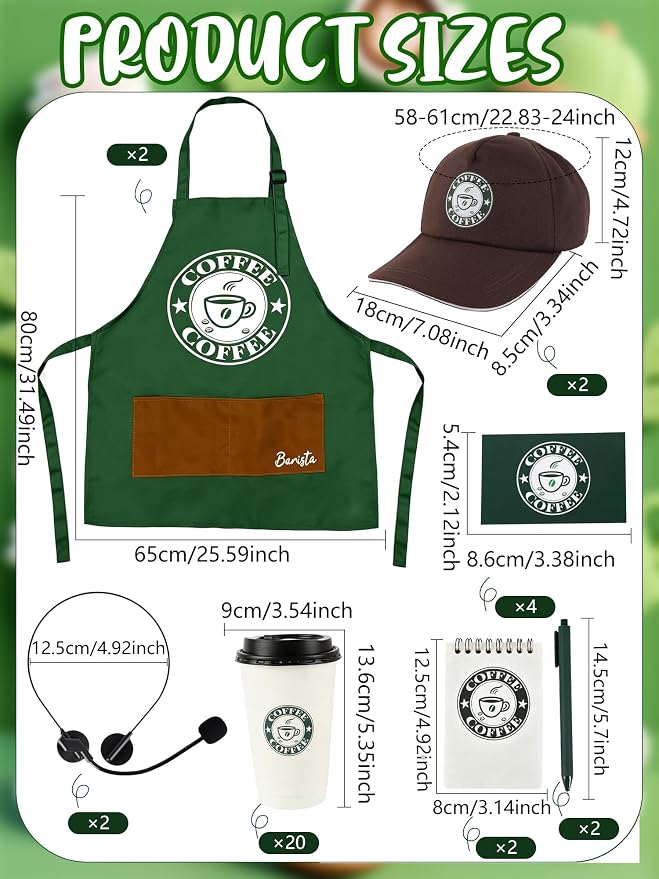 36 Pcs Halloween Barista Costume Set Coffee Maker Costume Outfit Include Green Aprons Cap Notebook Headset Name Tag Cards Cups and Pen for Adults Unisex Cosplay - Image 2