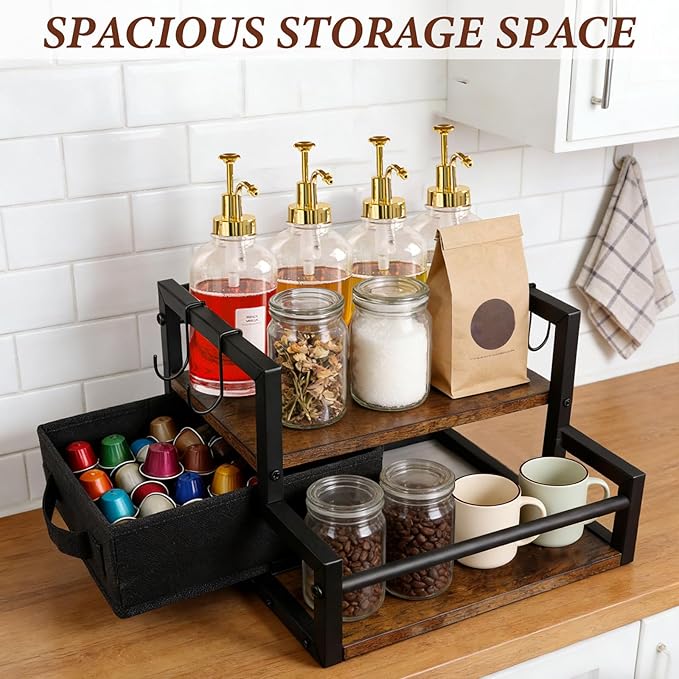2-Tier Coffee Syrup Organizer Rack, Holds 12 Bottles Syrup Rack with Coffee Capsules Storage Drawer, Kitchen Countertop Organizer for Coffee Bar Station, Home, Wine Rack