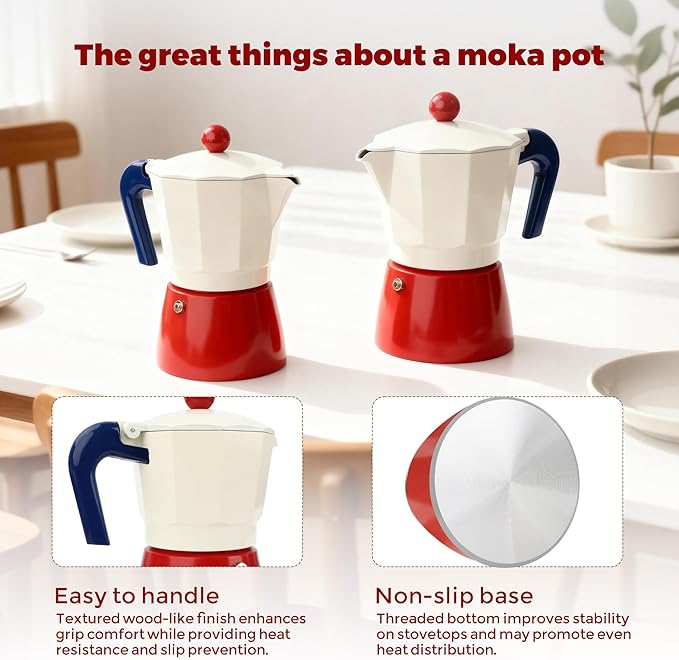 ShanSon Moka Pot Stovetop Espresso Maker 3 Cup 5 oz Italian Coffee Maker Manual Cuban Coffee Percolator Machine Italian Espresso Greca Coffee Maker for Cappuccino or Latte,Red/White