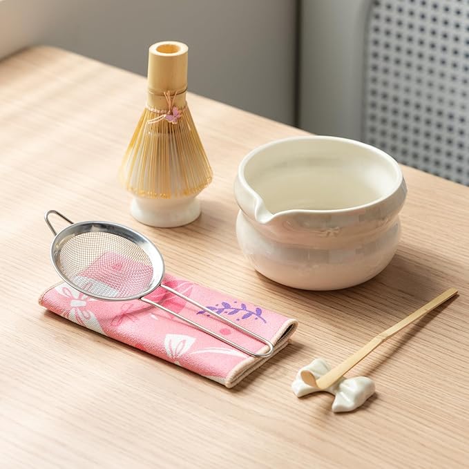 Matcha Kit 7-Pcs matcha whisk set, Measuring Spoon, Japanese Tea Making Tools,Cha, tea bowl, pink matcha set (grey)