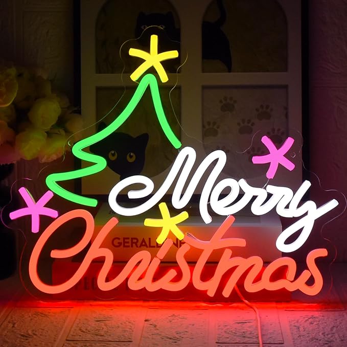 Merry Christmas Neon Sign for Wall Decor, Christmas Tree Neon Light USB Dimmable Colorful Neon Signs for for Bedroom, Home Bar, Party Decorations Teens Family Gifts