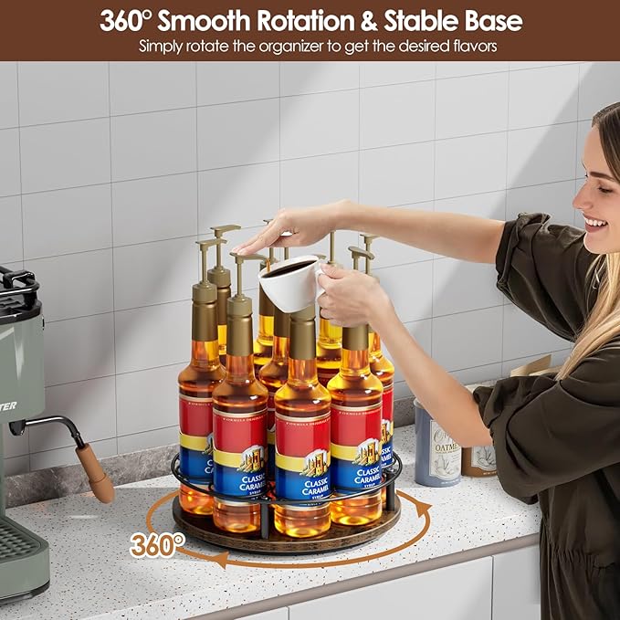 Nuovoware 9 Bottles Rotating Coffee Syrup Rack, Coffee Syrup Rack Organizer Carbon Steel Frame with Wooden Base Bottle Holder for Syrups Table Top Thermos Liquor, Brown+Black