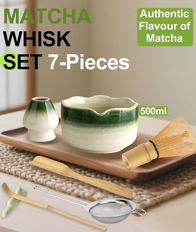 JBER Matcha Whisk Set, Ceramic Matcha Set Includes Bowl, Matcha Whisk (Chasen) and Holder, Sifter, Bamboo Scoop, Spoon & Rest - 7 Pcs Matcha Kit Set for Matcha Lovers & Beginners, Gradient Green