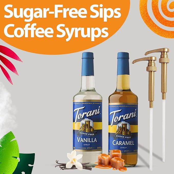 Coffee Syrup Variety Pack - Sugar Free Caramel & Vanilla Syrups for Coffee with 2 Jimoco Syrup Pump Dispenser Compatible with 25.4 Ounces Syrup Bottle - Flavoring For Coffe, Soda, Frappes, Lattes