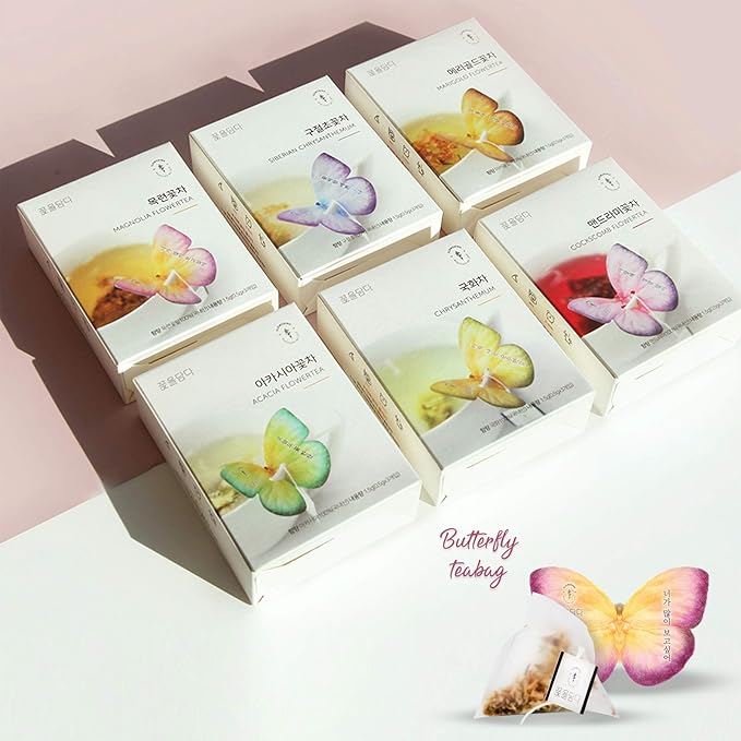 KKOKDAM Korean Tea Gift Set – 6 Flavor Butterfly Tea Bag Sampler – Elegant Box for Tea Lovers - Unique Gift