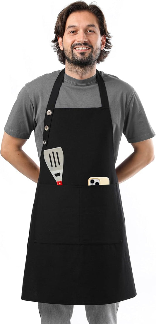TOSHE Kitchen Apron Waterdrop Resistant Cotton Apron with adjustable Aprons for Women with Pockets 10 Color option Cooking Black Apron (Black)