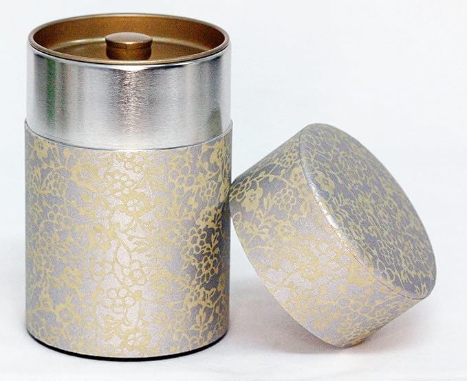 Washi Paper Tea Tin Canister: Long 5.3oz (150g) Golden Flower & Ivy (#2), Japan