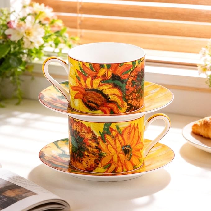 KAMMAK Tea Cups and Saucers Set of 2, Fine Bone China Coffee Cups, Stackable Espresso Mugs, Ceramic Demitasse for Coffee, Cappuccino, Latte, Americano, Tea, Large - Sunflower Oil Painting