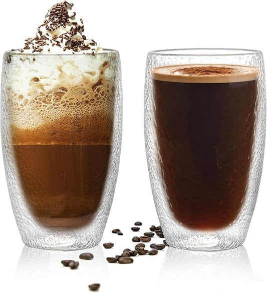 Double Wall Glass Coffee Mugs Set, Clear Insulated Glass Mugs for Hot Beverages, Suitable for Tea, Latte, Espresso, Cappuccino (15oz(2-pack))