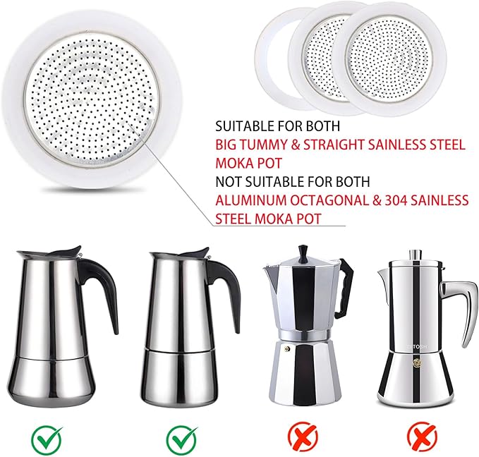 2 Pcs Filter with 3 Pcs Silicone Gasket Seals for 12 Cup Stovetop Espresso Coffee Maker Replacement Parts for Big Tummy and Straight Stainless Steel Moka Pot
