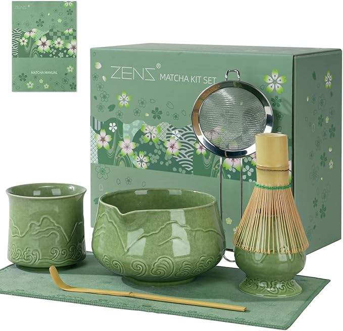 ZENS Matcha Whisk Set, 7pcs Matcha Set Includes Emerald Green Bowl and Matcha Cup, Bamboo Whisk & Scoop, Chasen Holder, 304 Sifter, Tea Mat, Matcha Kit for Latte Making