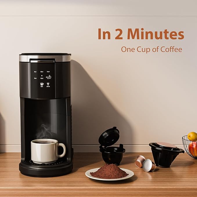 WAA Single Serve Coffee Maker, Fast Coffee Brewer for Capsule and Ground Coffee, Small Coffee Machine with 6 to 14 oz Brew Sizes and 40 oz Removable Water Tank for Home, Office, Travel and RV, Black