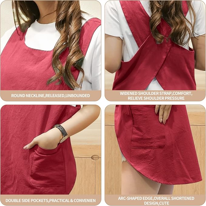 Shortened Design Apron, Japanese Style Soft Cotton Linen Apron with Two Side Pockets, X Cross Halter Aprons, Kitchen Cooking Clothes Gi/ft for Women DIY Project, Crafting, Cooking, Baking(Wine Red) - Image 4