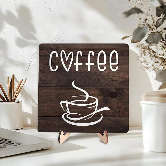 Coffee Bar Sign Plaque Decor,Coffee Bar Accessories,Rustic Wooden Tabletop Plaque with Stand, Minimalist Farmhouse Kitchen Counter Sign,Cute Mini Café Bar Decor Gift (Brown2, 5.9x5.9inches)