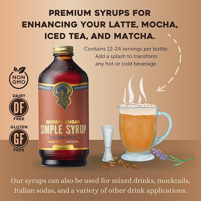 Portland Syrups Brown Sugar Simple Syrup - Drink Mix for Exceptional Cocktails, Simple Syrup for Cocktails, Sugar Syrup for Drinks, Simple Syrup for Coffee, Mocktails, Baking, 12 oz, 24 Servings, Pack of 1