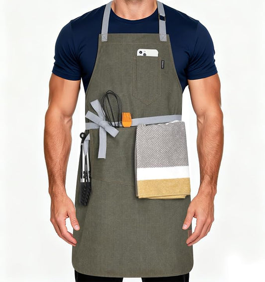 Chef Apron w/Pockets, Adjustable Strap for Cooking & Gardening | Equipped with 3 Large Multi-use Pockets, Wear-Resistant Fabric, Easy Clean, Ideal for BBQ Baking Craft for Men Women by Unknown