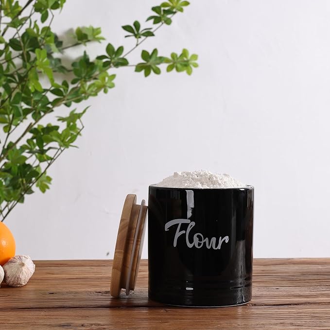 LEETOYI Porcelain Food Storage Containers with Lid, 4.5 Inch 31oz, Black Labeled Flour
