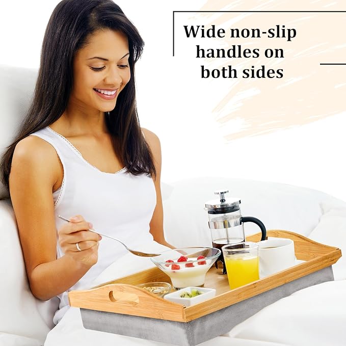 Tioncy 2 Pieces Bamboo Lap Tray with Detachable Pillow 16.9'' x 13'' Lap TV Trays Desk with Handles for Adults Eating in Recliner Breakfast Housewarming Gift (Wood)