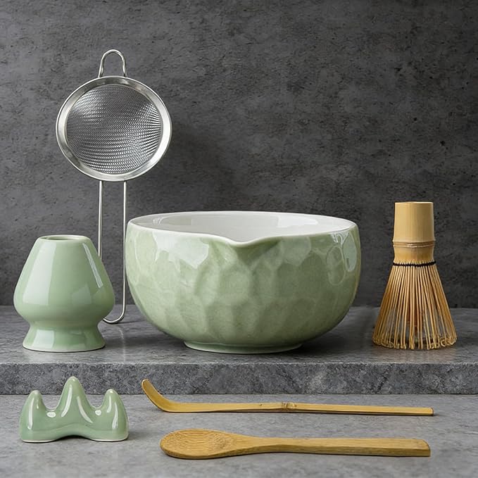 Clay&Fire Matcha Whisk Set, 9 pcs Ceramic Matcha Set, Gifts for Women,Matcha Bowl with Spout and Whisk, Matcha Kit for Matcha Lovers, Ideal Gift Christmas, Birthday, Anniversary(Pink) (Jade Green)