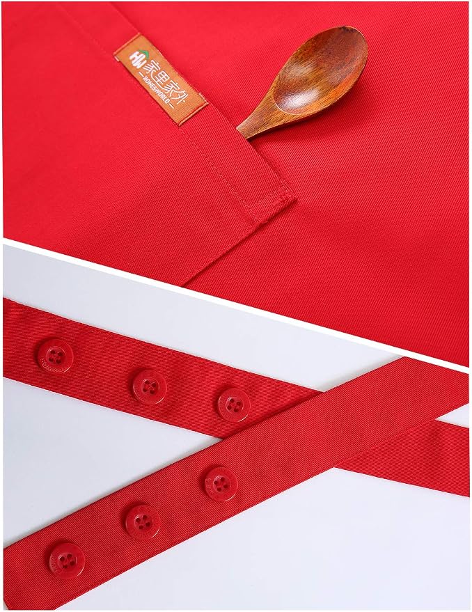 NEWGEM 100% Cotton Cross Back Apron for Women with 2 Pockets - Adjustable Button Straps Pinafore, No Neck Pain Kitchen Chef Apron for Cooking, Catering, Housewife (Red) - Image 4