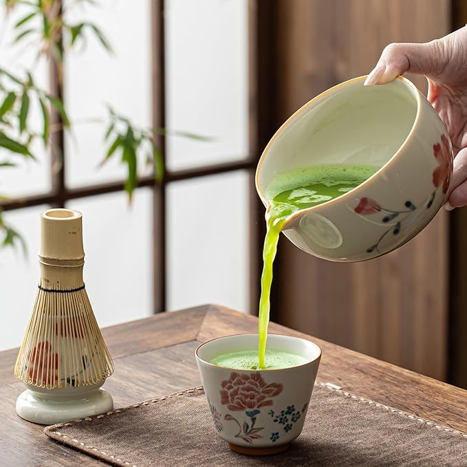 Matcha Set, Matcha Whisk Set Includes Hand-Drawn Matcha Bowl with Spout, Bamboo Whisk, Matcha Whisk Holder, Bamboo Scoop, Sifter - 5pcs Perfect Matcha Kit for Matcha Tea Ceremony