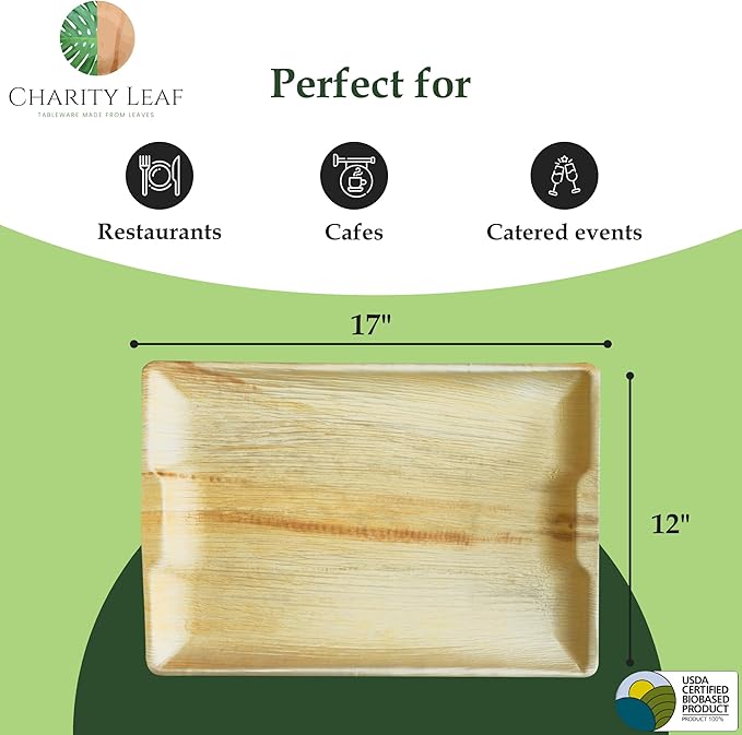 Charity Leaf Disposable Palm Leaf 17" x 12" Rectangle Trays (50 Pieces) Bamboo Like Serving Platters, Disposable Boards, Eco-Friendly Dinnerware for Weddings, Catering, Events