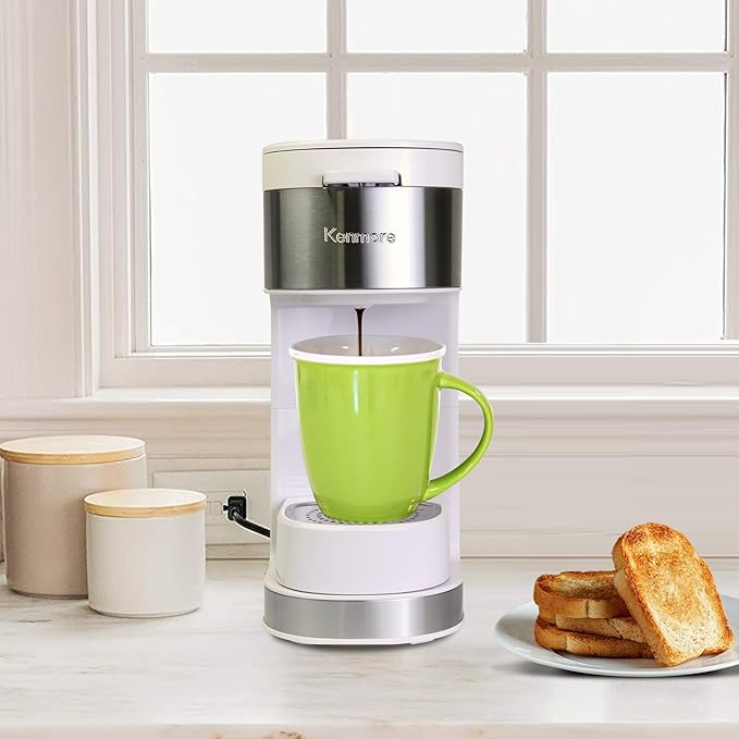 Kenmore Single Serve Coffee Maker – 6–14 Oz Brew Sizes, Compatible with Keurig K‑Cup Pods & Ground Coffee, One Cup Brewer, Travel Mug Friendly, Auto Shut‑Off, Hot & Iced maquina de cafe, White