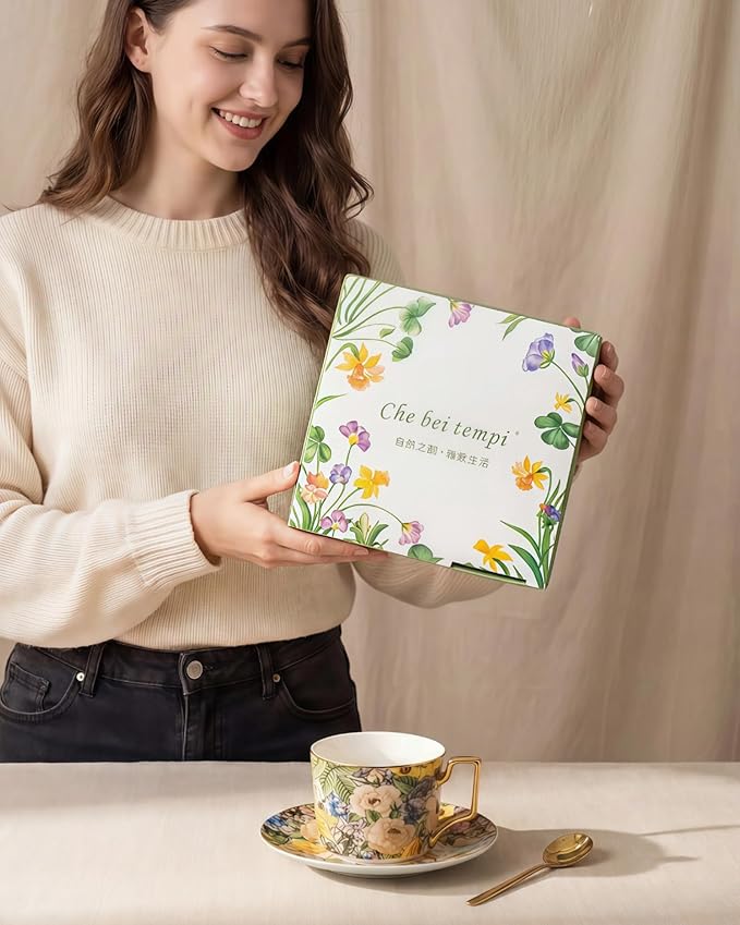 Exquisite Bone China Tea Cups and Saucer Set – Elegant Porcelain Tea Cups, Beautifully Detailed for Tea Lovers, Gift-Ready for Christmas, Hostess, Holiday Gift & Fall Decor