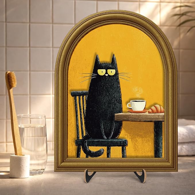 3D Funny Black Cat Coffee Wall Art Sign, Cute Cat with Coffee and Croissant Decor Sign for Kitchen Dining Room Cafe Table Wall Desk Decor 8x10 Inch