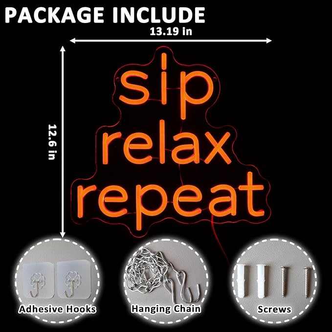 Sip Relax Repeat Neon Sign for Wall Decor Dimmable Red Led Sign for Home Bar USB Powered Coffee Neon Light for Wine Cellar Cafe Kitchen Pub Dining Room Shop Party Decor