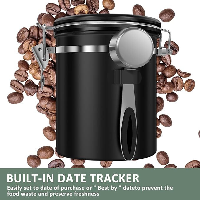 2PCS Coffee Storage Canister 1.5L 51OZ Double Airtight Coffee Beans Container with Date Locator 304 Stainless Steel Kitchen Food Storage Container with Spoon For Coffee Tea and Sugar