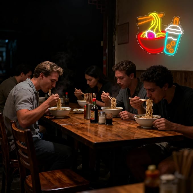 Ramen Neon Signs for Wall Decor Dimmable Noodles Light Up Sign Japanese Wall Decor for Kitchen Restaurant Bar Juice Shop Japanese LED Wall Art for Market Bedroom Party Gifts Size 13.8 * 12.8in(P037)