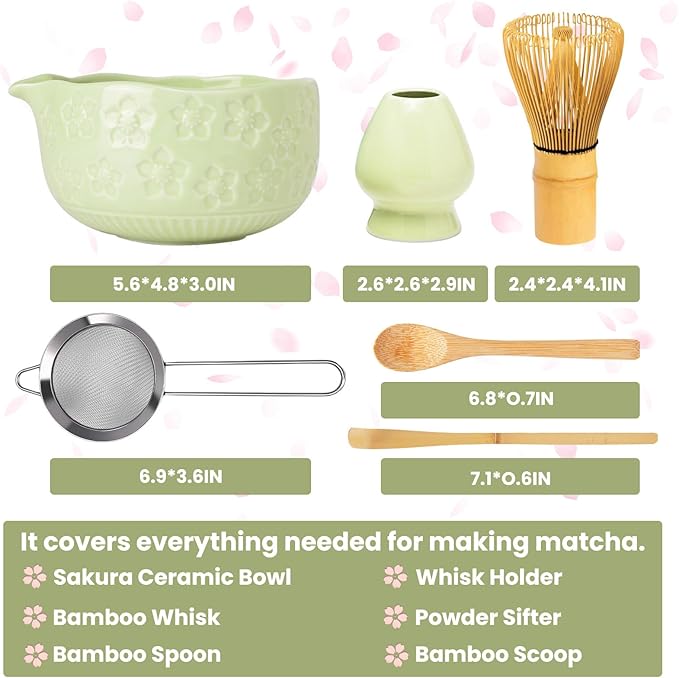 Matcha Whisk Set, Sakura Green Ceramic Matcha Set Includes Matcha Bowl, Matcha Whisk (Chasen) and Holder, Sifter, Bamboo Scoop & Spoon - 6 Pcs Matcha Kit for Matcha Lovers
