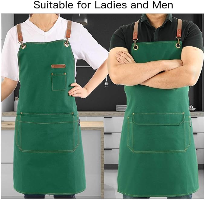 Chef Apron with Cross Back Straps for Men Women, Cotton Canvas Apron for Artists Painting, Kitchen Cooking - Image 2