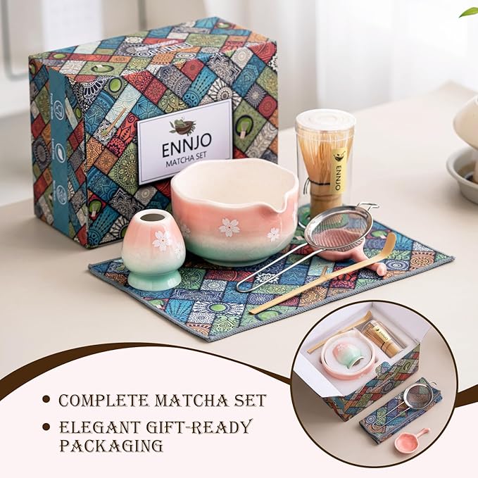 Cherry Blossom Matcha Whisk Set, 7 Pcs Matcha Kit with Ceramic Matcha Bowl with Spout, Bamboo Matcha Whisk And Scoop, Stainless Steel Sifter, Ceramic Holder, Rest And Tea Towel