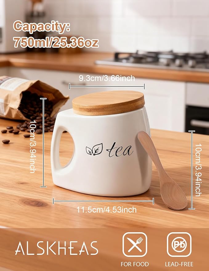 Ceramics Tea Canisters with Airtight Seal Lid and Spoon, Loose Leaf Tea Storage Containers, White Tea Jars with Comfort Grip, Home Decor (25oz/750ml)