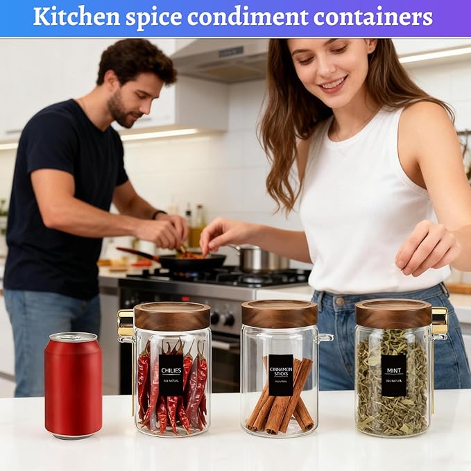 Airtight Glass Storage Jar with Lids Spoons Labels Coffee Ground Canister Sugar Container for Coffee Beans Nut Pasta Sugar Candy Spice Rice Loose Tea(900ml/30oz-2Pack)