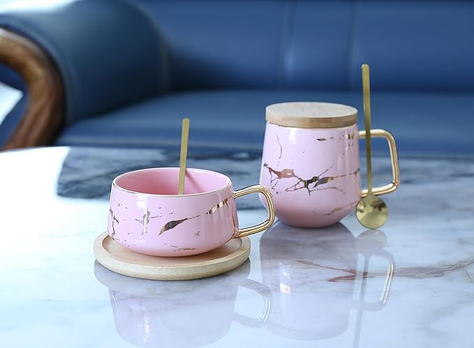 YBK Tech Porcelain Tea Cup Coffee Mug Set for Afternoon Tea - Marble Pattern (Pink, Short 300ml + wood saucer)