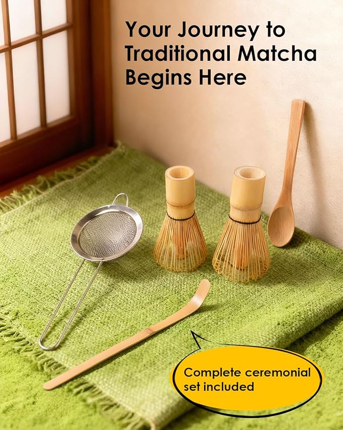 Bamboo Matcha Whisk Set with 2-pack 100% Natural Bamboo matcha Whisk,Sifter,Tea Scoop and Tea Spoon，Handcrafted Traditional Japanese Chasen, Matcha Kit for Authentic Matcha Tea Preparation